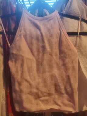 La Hearts Pink Ribbed Halter Crop Cami